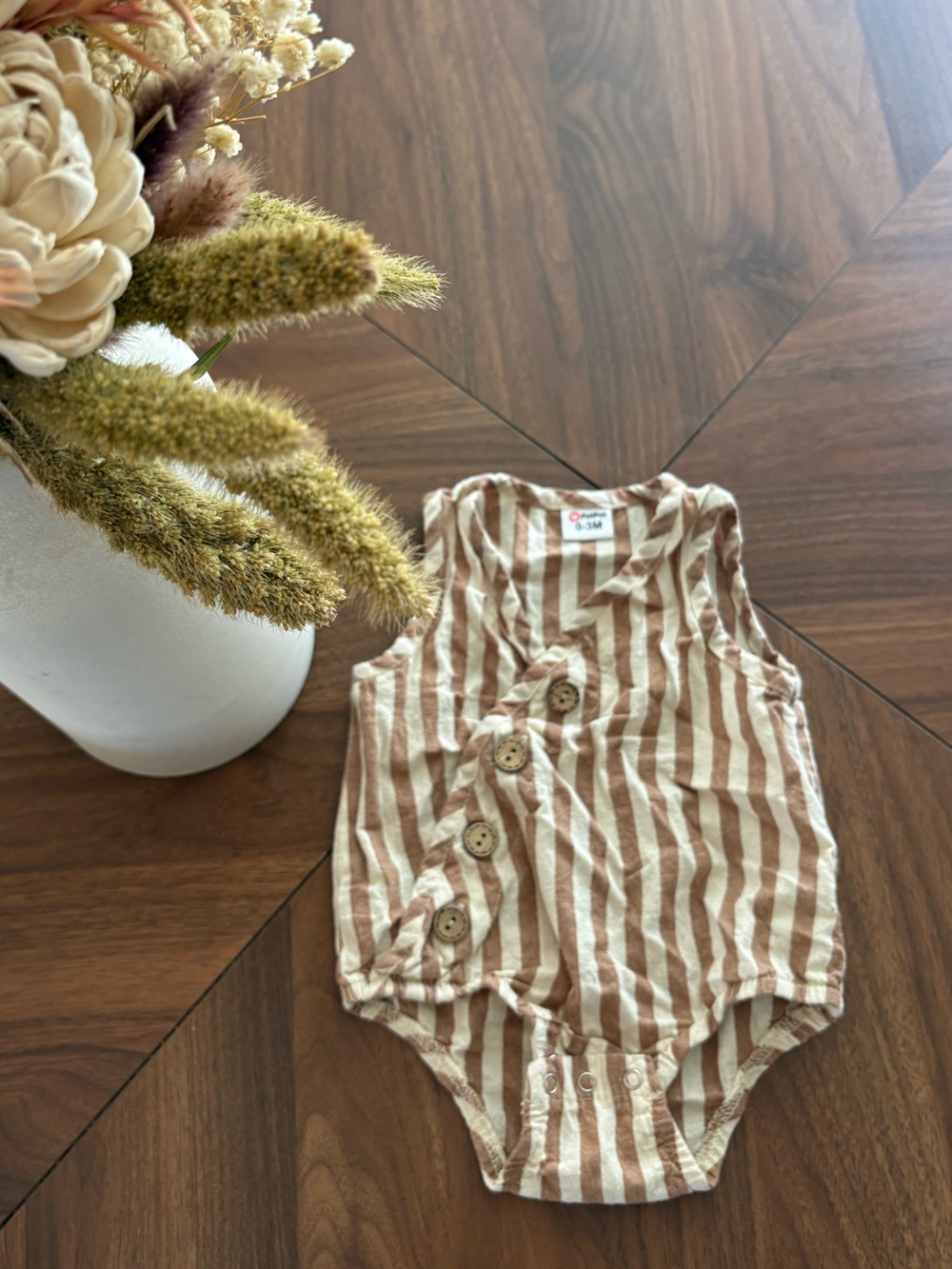 Patpat Striped Button Romper in Beige and White